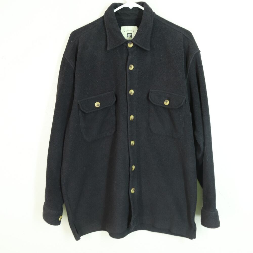 Vtg Juneau Shirt Men L Black Fleece Button Long Sleeve Pockets